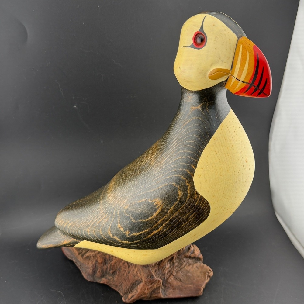 M Michael Signed Hand Carved Wooden Puffin Bird Figurine on Burl Wood Base